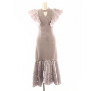 24SS flower embroidery ニットワンピース フレンチスリーブ ロング リブ 刺繍 F