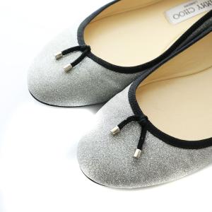 JIMMY CHOO バレエシューズ パンプス ラウンドトゥ ローヒール リボンデザイン ラメ グリッター フェイクレザー 37.5 24.5cm