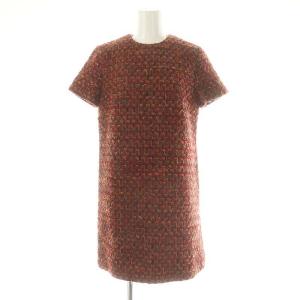 ツイードワンピース ひざ丈 半袖 38 赤 レッド マルチカラー /DF OS