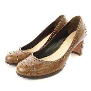 パンプス スタッズ チャンキーヒール 36.5 茶 /MM OF