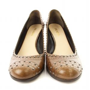 PRADA パンプス スタッズ チャンキーヒール 36.5 茶 /MM OF