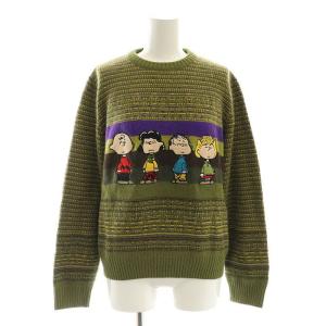PEANUTS スヌーピー ニットセーター 長袖 プルオーバー ウール 44 L 緑 グリーン マルチカラー