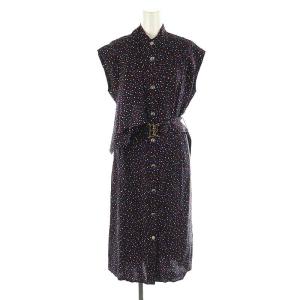 マルチドット 馬車柄 シルクワンピース ロング ミモレ丈 ノースリーブ ベルト付き 0 黒 ブラック マルチカラー