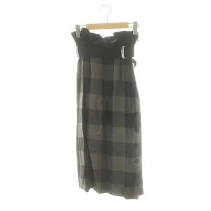 大判チェック サイドボタン スカート ロング ミモレ丈 タイト ベルト付き 36 黒 ブラック グレー