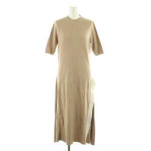 ストレッチヴィスコースリブニットワンピース ロング ミモレ 五分袖 38 ベージュ /MF OS