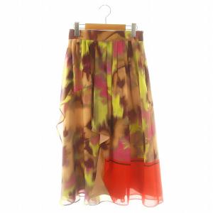 24AW スマッジフラワープリントスカート フレア ロング 36 ベージュ ? ボルドー /HK OS