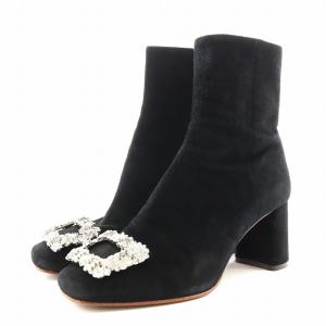 ビジューショートブーツ チャンキーヒール スエード 23.0cm 黒 ブラック 66264 /AN9 OF