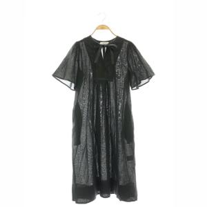 24SS コットンリネンパナマクロス スモックワンピース 半袖 ロング 36 黒 ブラック /NR OS
