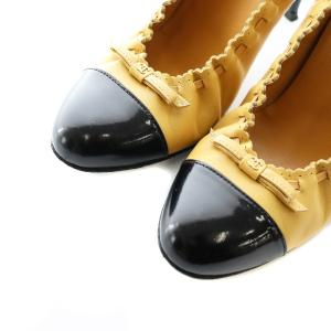 CHANEL ココマーク バレリーナパンプス ピンヒール ラウンドトゥ ギャザー レザー エナメル ベージュ バイカラー