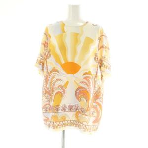 シルクプッチ柄チュニックワンピース 半袖 USA8 L ベージュ マルチカラー