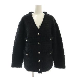 24SS フェザーツイードニットカーディガン 長袖 Vネック F 黒 ブラック