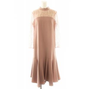 レース切替ドレス ロング丈 マキシ丈 長袖 36 S ダスティーピンク