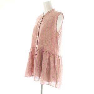 23区 vingt-trois 24SS リネン ノースリーブブラウス ペプラム 麻 ストライプ 38 M ピンク ブラウン