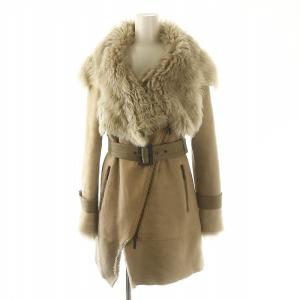 ファーカラー ムートンジャケット アウター ミドル丈 ベルト付き XS ベージュ /MI OS SH