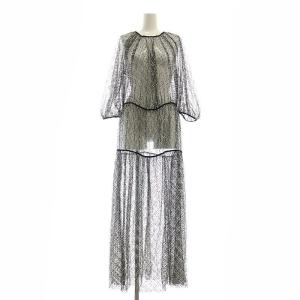 チュール ドット 七分袖 ワンピース ブラック ホワイト