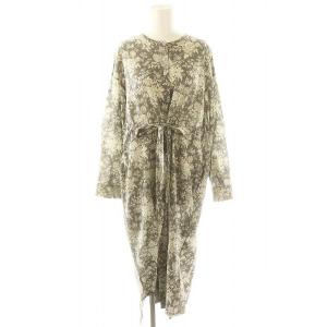 フラワープリント シャツワンピース ロング 長袖 38 グレー オフホワイト /DF OS