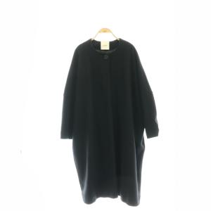 ウール ノーカラー コート ロング アウター F 黒 ブラック /MI OS