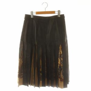 レザーシルクプリーツスカート ロング フレア 柄 42 黒 ベージュ マルチカラー