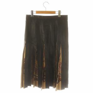 Salvatore Ferragamo レザーシルクプリーツスカート ロング フレア 柄 42 黒 ベージュ マルチカラー