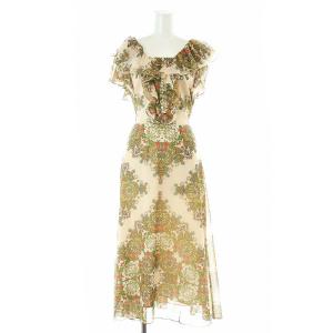 22AW オーナメントフリルワンピース ミモレ ロング 半袖 スクエアネック 36 S ベージュ 0122331018