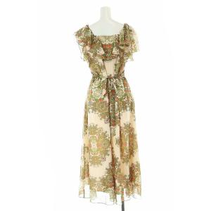 GRACE CONTINENTAL 22AW オーナメントフリルワンピース ミモレ ロング 半袖 スクエアネック 36 S ベージュ 0122331018