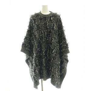 ウール フリンジニット ポンチョ 長袖 XS 黒 白 ブラック ホワイト /MI OS