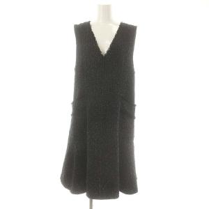 23SS ジャンパースカート ワンピース ひざ丈 ツイード Vネック ノースリーブ 1 黒 ブラック /MF