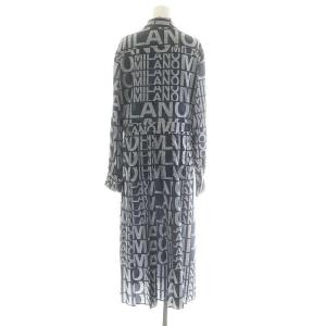 MSGM 総柄シャツワンピース プリーツロング 長袖 40 紺 ネイビー オフホワイト