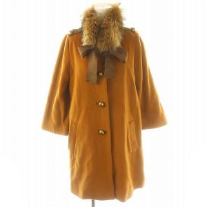 ラクーンファー付き ウールコート ノーカラーコート アウター ミドルロング 36 キャメル ベージュ /ES