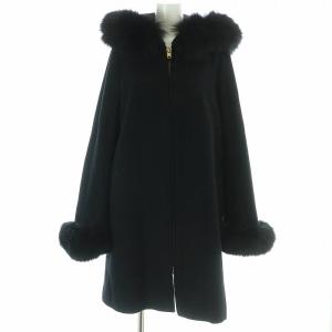 フォックスファーフードジップアップコート ロング ウール 3 L 黒 ブラック /AT OS
