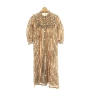 キャンディワンピース ロング 七分袖 前開き ストライプ M ベージュ 白 チャコールグレー /ES OS