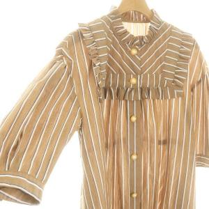 franche lippée キャンディワンピース ロング 七分袖 前開き ストライプ M ベージュ 白 チャコールグレー /ES OS