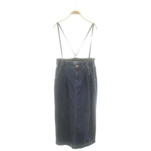 デニムスカート タイトスカート ロング バックスリット 肩紐付き USED加工 M 青 ブルー