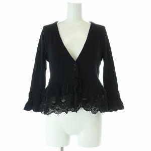 裾レース フリル カーディガン ニット 切替 七分袖 Vネック F 黒 ブラック