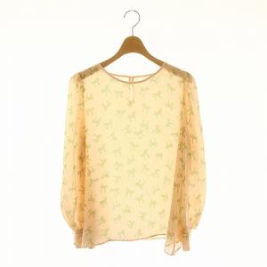 24SS リボンプリントタックスリーブブラウス 長袖 シアー 38 オレンジピンク 黄色 ダークグレー