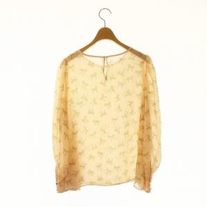 ANAYI 24SS リボンプリントタックスリーブブラウス 長袖 シアー 38 オレンジピンク 黄色 ダークグレー