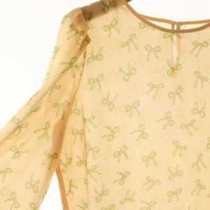 ANAYI 24SS リボンプリントタックスリーブブラウス 長袖 シアー 38 オレンジピンク 黄色 ダークグレー