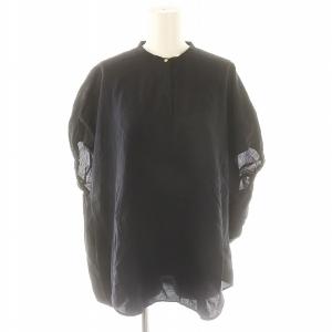 23AW ニュアンスドルマンブラウス 半袖 シアー バンドカラー プルオーバー リネン混 F 濃紺 ダークネイビー