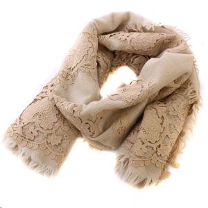 レースフリンジストール マフラー 刺繍 ウール ベージュ