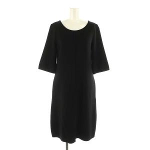 ミラノリブニットワンピース 七分袖 ミモレ ロング ウール 38 黒 ブラック /NR OS