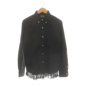 シャツ ボタンダウン 長袖 フリンジ リネン混 黒 ブラック /MF OS AD