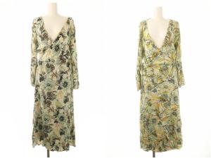 リバーシブルラップワンピース ロング丈 マキシ丈 長袖 リボン付き F 黄 イエロー マルチカラー /YQ