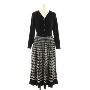 千鳥ニットワンピース 長袖 ロング Vネック 36 黒 白 ブラック ホワイト