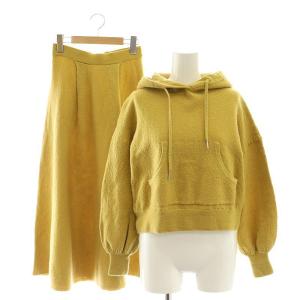セットアップ 上下 フーデッドニットトップ セーター パーカー スカート ロング フレア ウール 36 マスタード色