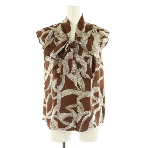 Grace Class セットアップ 上下 リボンプリント ボウタイノースリーブトップス ブラウス 前開き フレアパンツ ワイド 総柄 36 茶 白