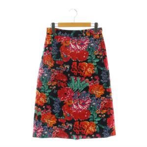 セミタイト花柄スカート ロング ミモレ丈 リネン混 36 黒 ブラック マルチカラー