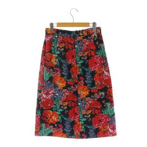 BLAMINK セミタイト花柄スカート ロング ミモレ丈 リネン混 36 黒 ブラック マルチカラー