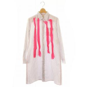 ストライプ シャツワンピース ひざ丈 長袖 フロントボタン コットン S 白 ホワイト マルチカラー /YQ