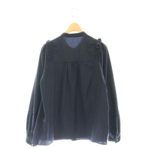 SHIPS 前後スクエアフリルレースブラウス シャツ 長袖 前開き バンドカラー 濃紺 ダークネイビー