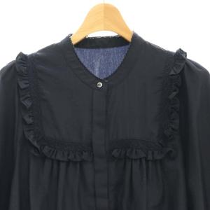 SHIPS 前後スクエアフリルレースブラウス シャツ 長袖 前開き バンドカラー 濃紺 ダークネイビー